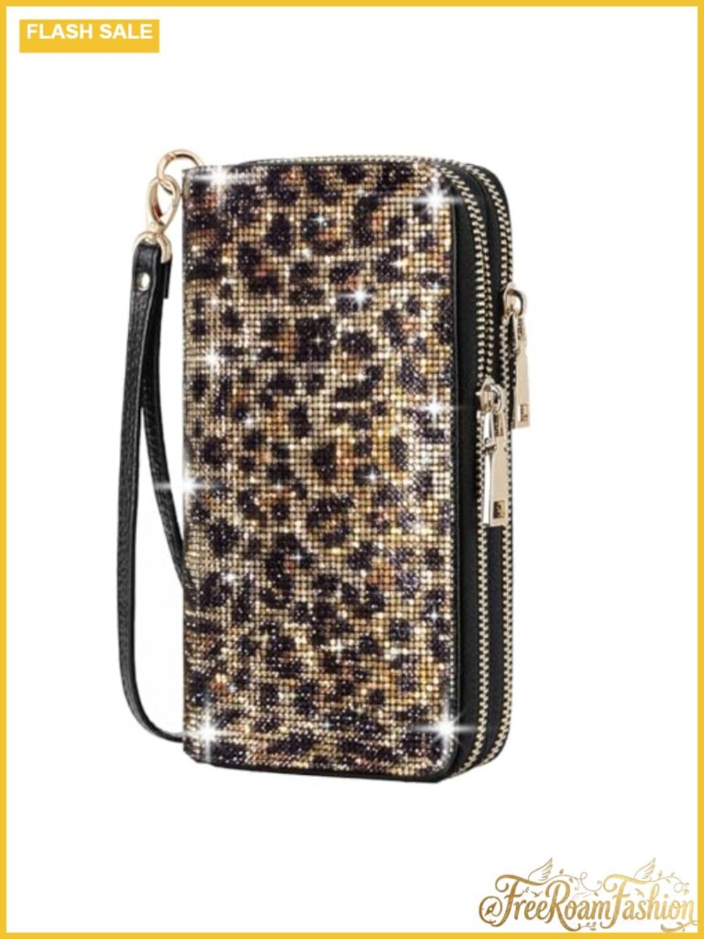 Rhinestone Wristlet Clutch Purse Large Capacity Double Zipper Wallet Card Holder